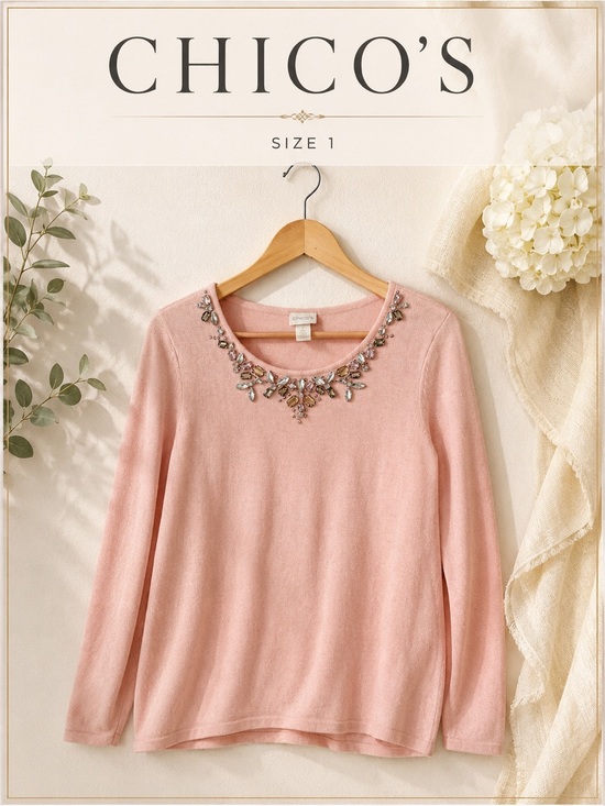Chico's Sweaters - Chico’s Embellished Neck Sweater Pink Size 1